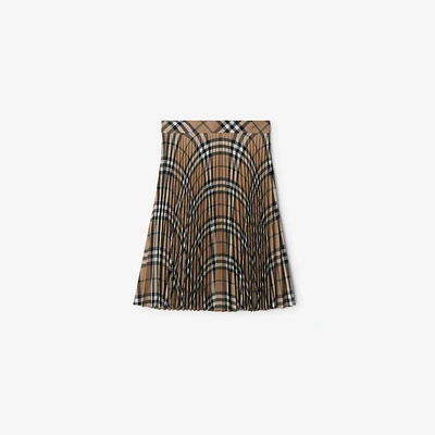 Pleated Check Wool Blend Skirt in Linden - Women, Nylon | Burberry® Official