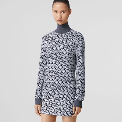 Monogram Wool Jacquard Turtleneck Sweater Dark Charcoal Blue - Women | Burberry® Official