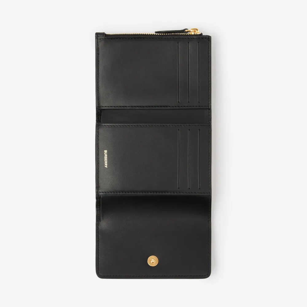 Check and Leather Small Folding Wallet in Dark Birch Brown - Women