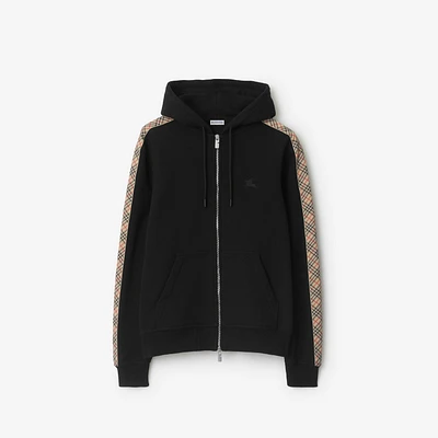 Check Trim Cotton Zip Hoodie in Black - Men | Burberry® Official