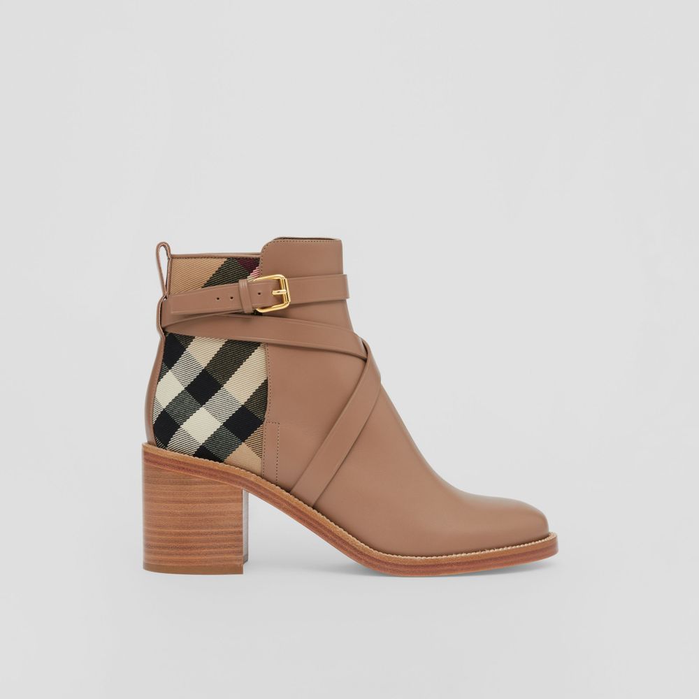 House Check and Leather Ankle Boots Wheat - Women | Burberry® Official