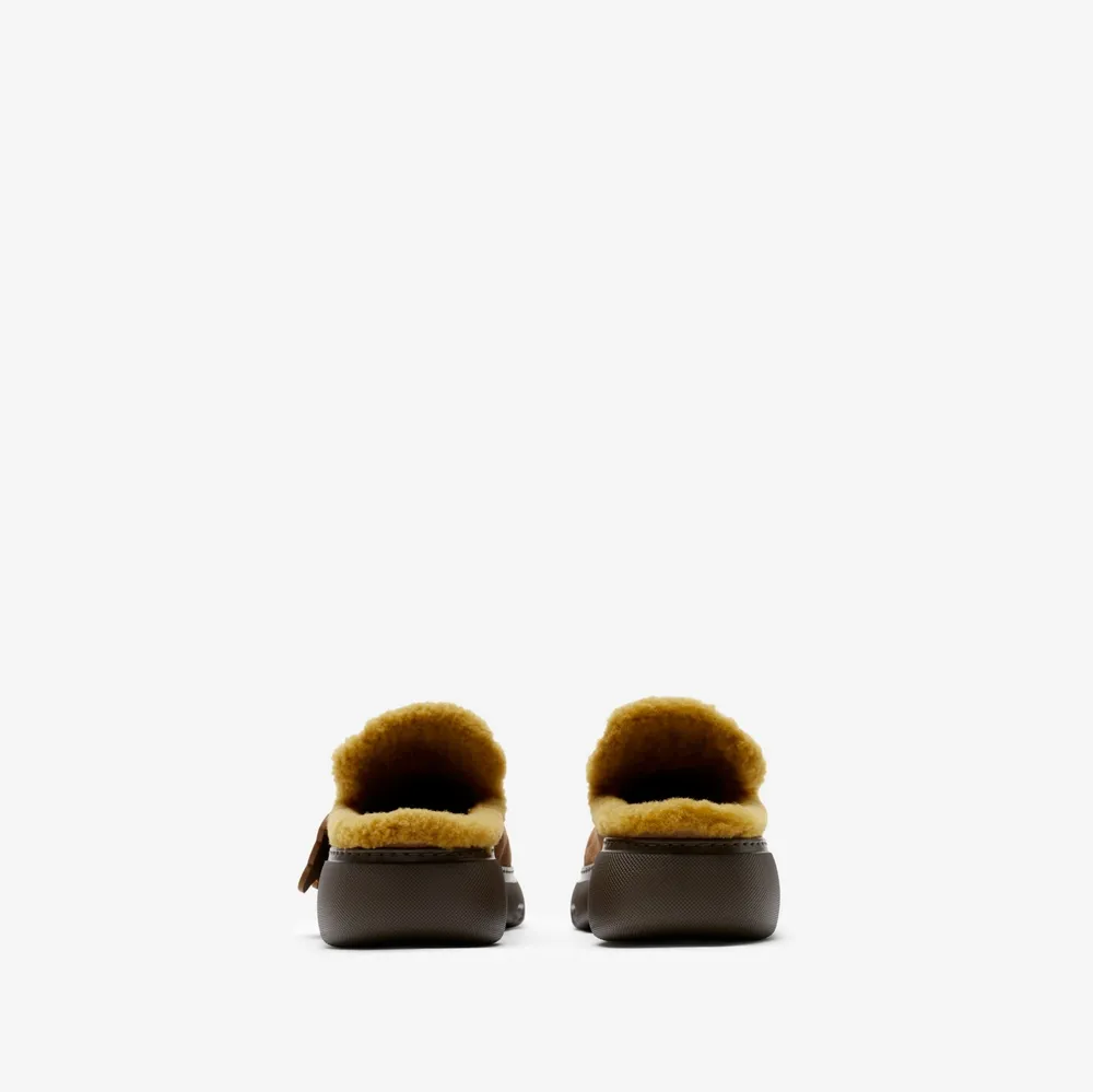 Suede and Shearling Stony Mules in Wood - Men | Burberry® Official