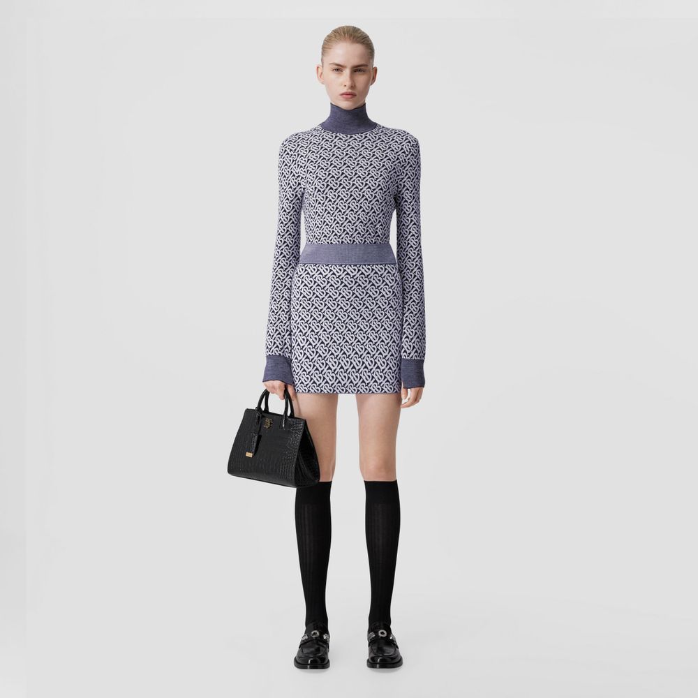 Monogram Wool Blend Jacquard Mini Skirt Dark Charcoal Blue - Women | Burberry® Official