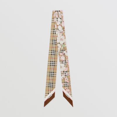 Floral Check Print Silk Skinny Scarf in Archive Beige | Burberry® Official