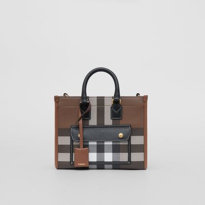 Check and Leather Mini Freya Tote in Dark Birch Brown - Women | Burberry® Official