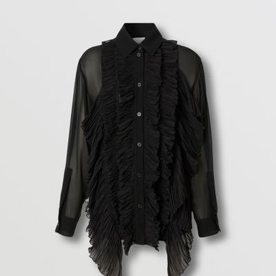 Pleated Ruffle Detail Silk Georgette Shirt Black - Women | Burberry® Official