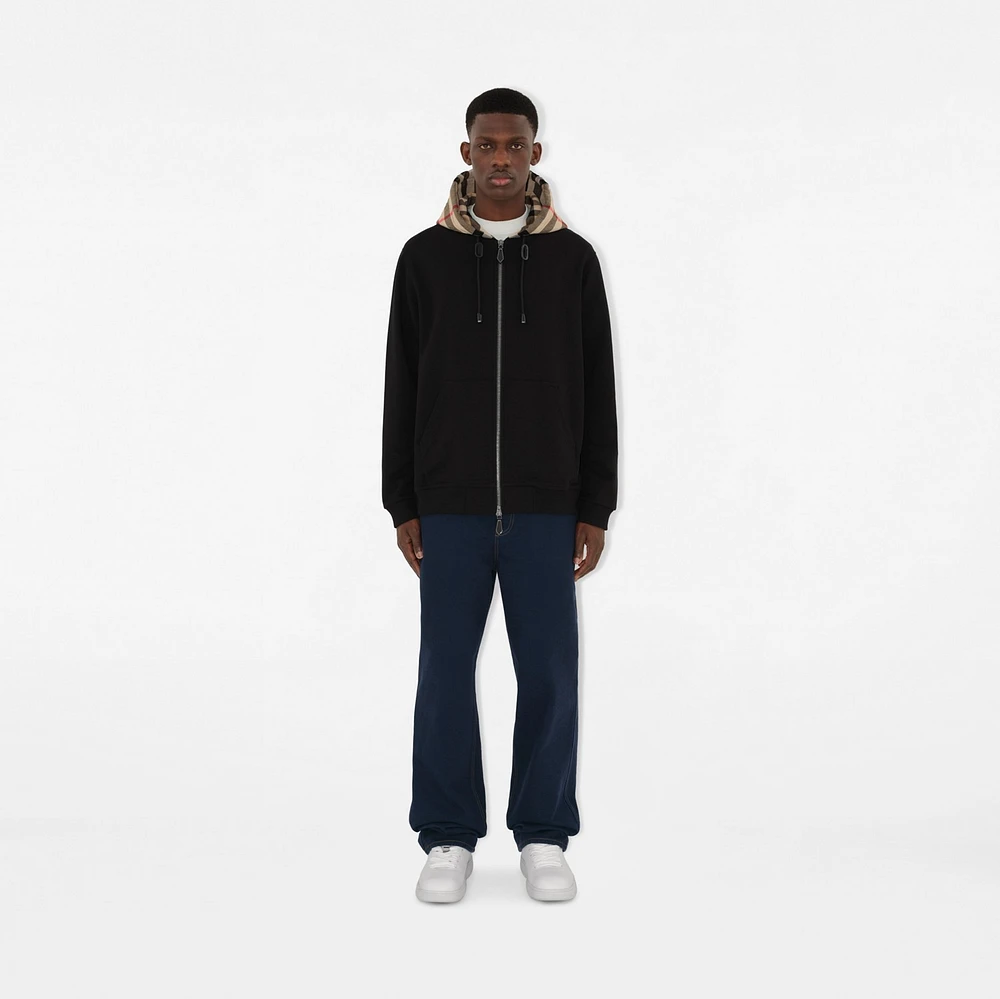 Check Hood Cotton Blend Zip Hoodie in Black/birch brown - Men | Burberry® Official
