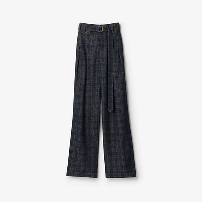 High Rise Wide Check Denim Jeans in Indigo - Women, Cotton | Burberry® Official