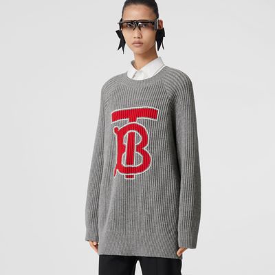 Monogram Motif Intarsia Wool Oversized Sweater Light Grey Melange - Women | Burberry® Official