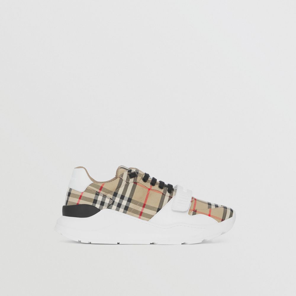 Vintage Check and Leather Sneakers Archive Beige - Women | Burberry® Official