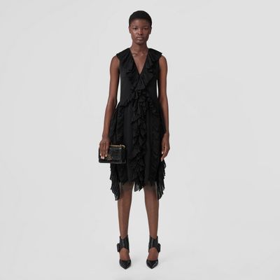 Pleated Ruffle Detail Silk Georgette Dress Black - Women | Burberry® Official