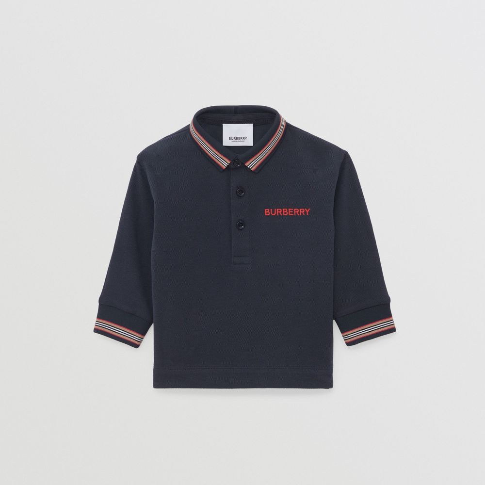Long-sleeve Icon Stripe Detail Cotton Piqué Polo Shirt Midnight - Children | Burberry® Official
