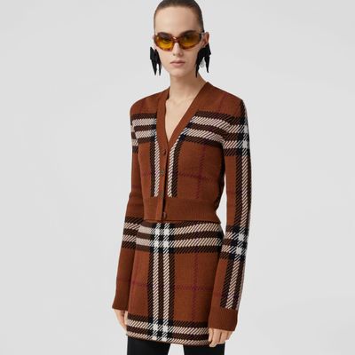 Check Wool Jacquard Cropped Cardigan Dark Birch Brown - Women | Burberry® Official
