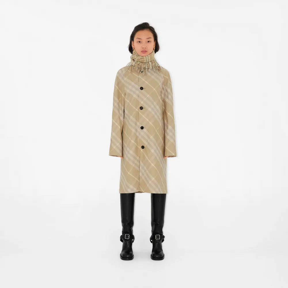 Mid-length Reversible Check Gabardine Car Coat in Flax - Women, Cotton Gabardine | Burberry® Official