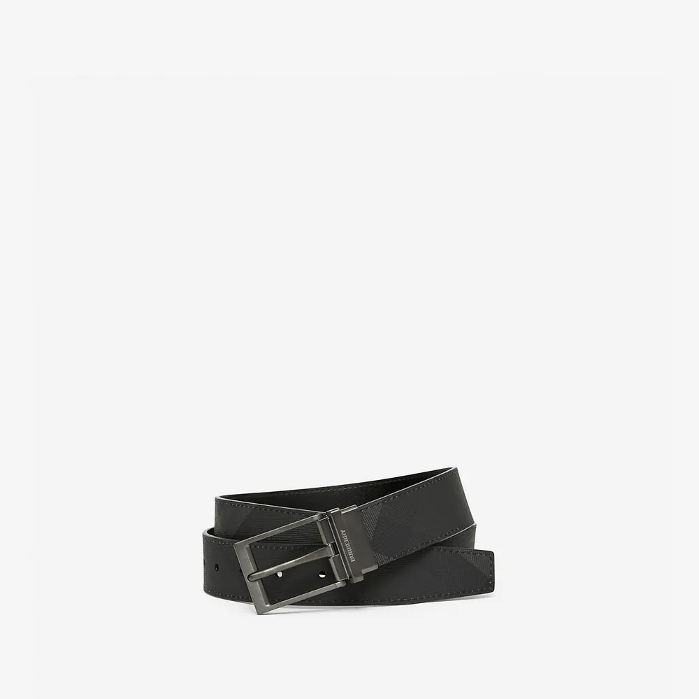 Check and Leather Reversible Belt in Dark Birch Brown/black - Men