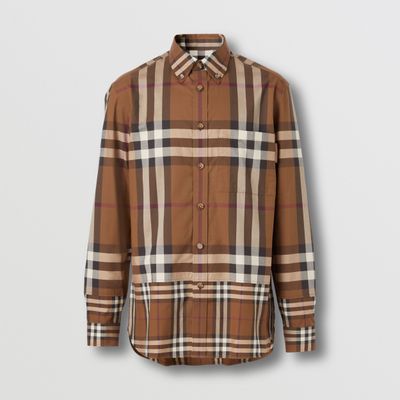 Contrast Check Cotton Shirt Dark Birch Brown - Men | Burberry® Official
