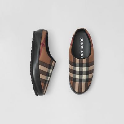 Check Nylon and Leather Slippers Birch Brown - Men | Burberry® Official