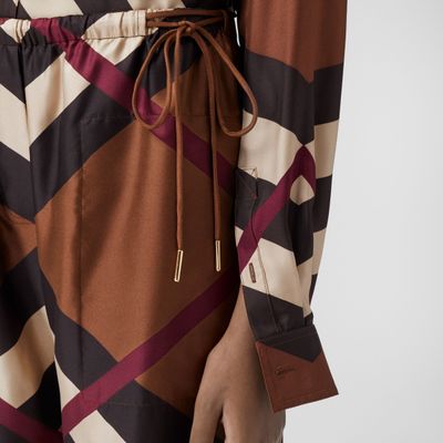 Chevron Check Print Silk Wide-leg Trousers Dark Birch Brown - Women | Burberry® Official