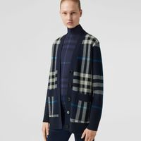 Check Wool Cashmere Jacquard Oversized Cardigan Dark Charcoal Blue - Women | Burberry® Official