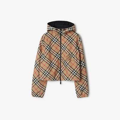 Cropped Reversible Check Hooded Jacket in Sand - Women, Nylon | Burberry® Official