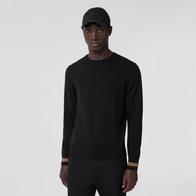 Icon Stripe Trim Wool Sweater Black - Men | Burberry® Official