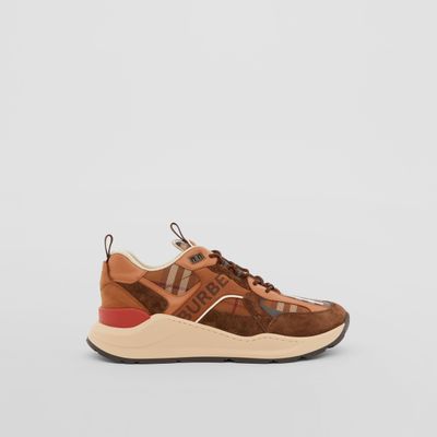 Logo Print Check and Suede Sneakers Dark Birch Brown - Men | Burberry® Official