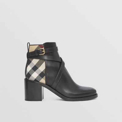 House Check and Leather Ankle Boots Black/archive Beige - Women | Burberry® Official
