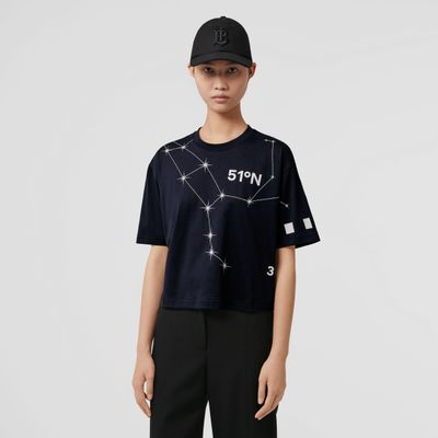Constellation Print Cotton Cropped T-shirt Dark Charcoal Blue - Women | Burberry® Official