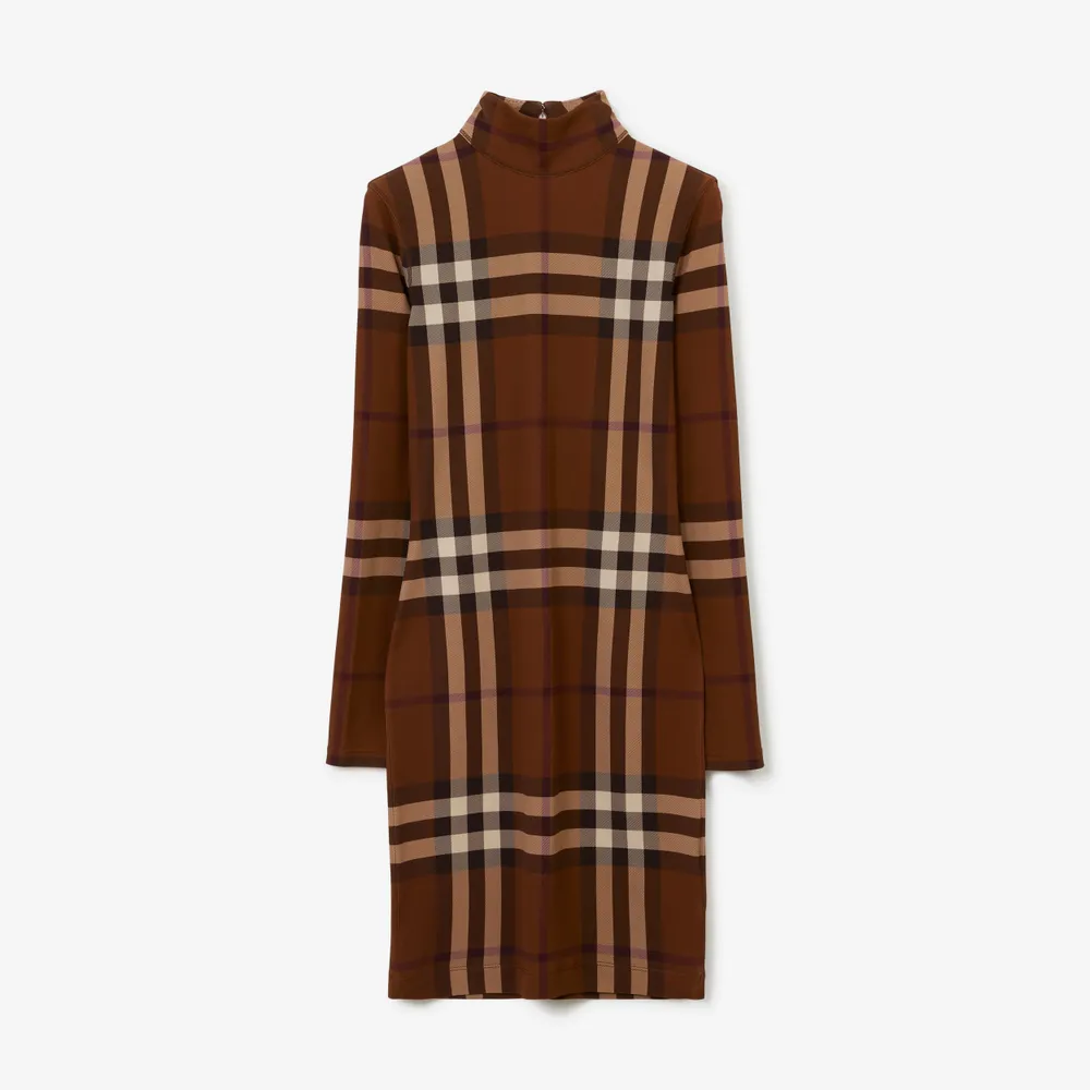 Burberry + Check Stretch Jersey Funnel Neck Dress Dark Birch Brown - Women  | Burberry® Official | Yorkdale Mall