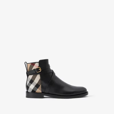 Check and Leather Boots in Black/archive beige - Women | Burberry® Official