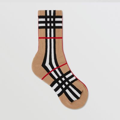 Check Intarsia Technical Stretch Cotton Socks Archive Beige | Burberry® Official