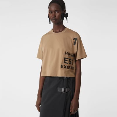 Horseferry Print Cotton Cropped T-shirt Camel - Women | Burberry® Official