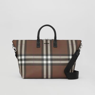 Check and Leather Holdall in Dark Birch Brown - Men | Burberry® Official