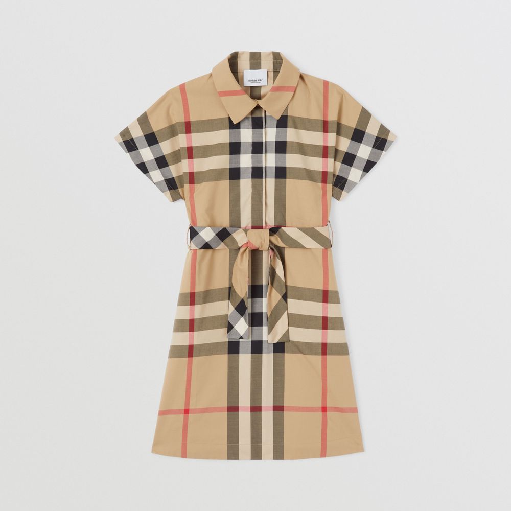 Check Stretch Cotton Tie-waist Shirt Dress Archive Beige | Burberry