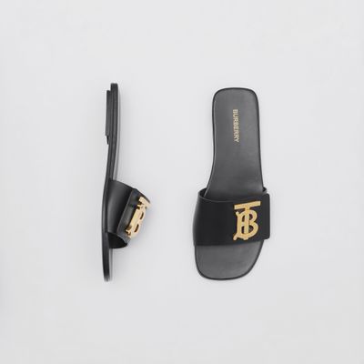 Monogram Motif Leather Slides Black - Women | Burberry® Official