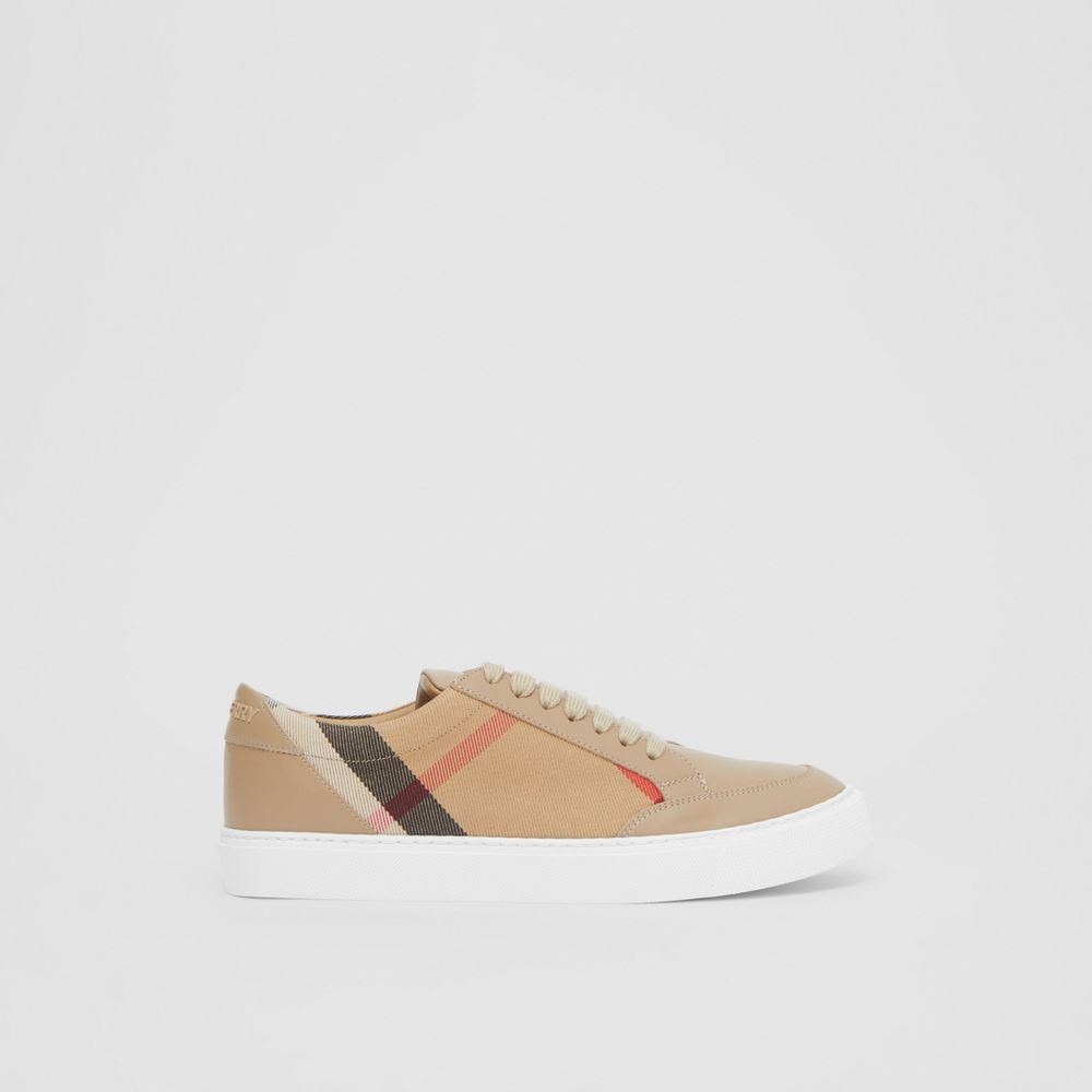House Check Cotton and Leather Sneakers Tan - Women | Burberry® Official