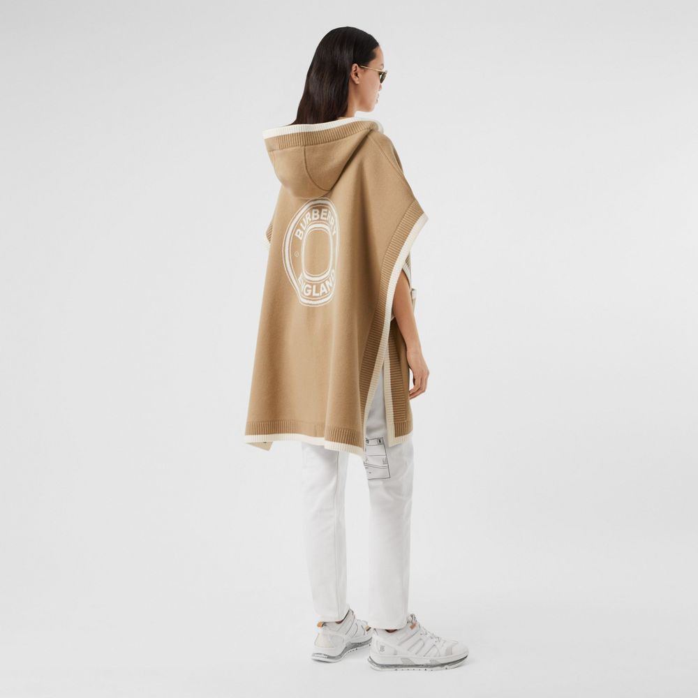 Logo Graphic Wool Cashmere Jacquard Hooded Cape in Archive Beige | Burberry® Official