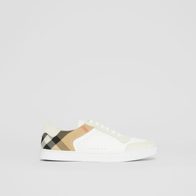 Leather, Suede and House Check Cotton Sneakers Optic White - Men | Burberry® Official