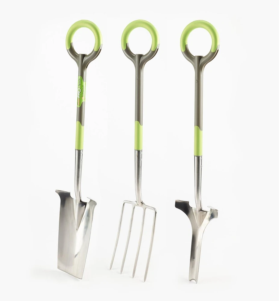 Jeu d’outils ergonomiques en acier inoxydable Radius – Bêche, fourche à bêcher et arrache-mauvaises herbes