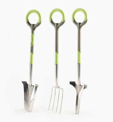 Jeu d’outils ergonomiques en acier inoxydable Radius – Bêche à transplanter, fourche à bordures et arrache-mauvaises herbes