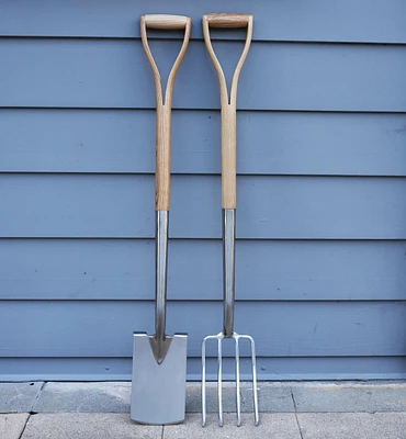 Bêche et fourche à bordures en acier inoxydable à manche en bois