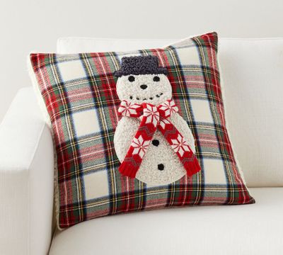 Archie the Snowman Applique Plaid Pillow Cover