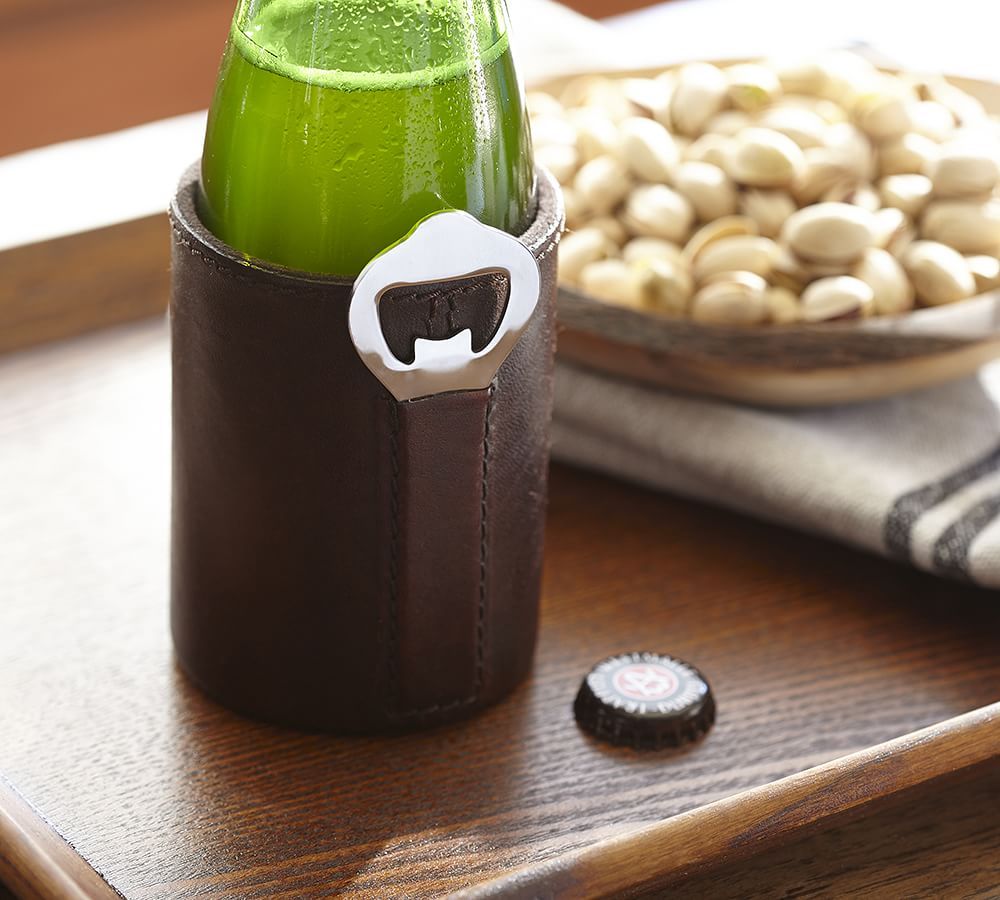 Leather Beer Holder and Bottle Opener Set Drink Insulator 