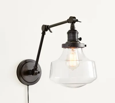Articulating Arm Schoolhouse Clear Glass Plug-In Sconce