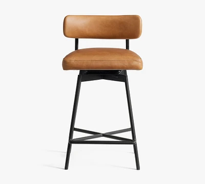 Open Box: Maison Leather Low Back Counter Height Bar Stool, Bronze Leg, Vintage Caramel