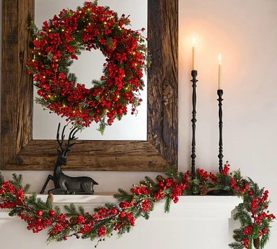 Faux Lit Mixed Berries Wreath & Garland