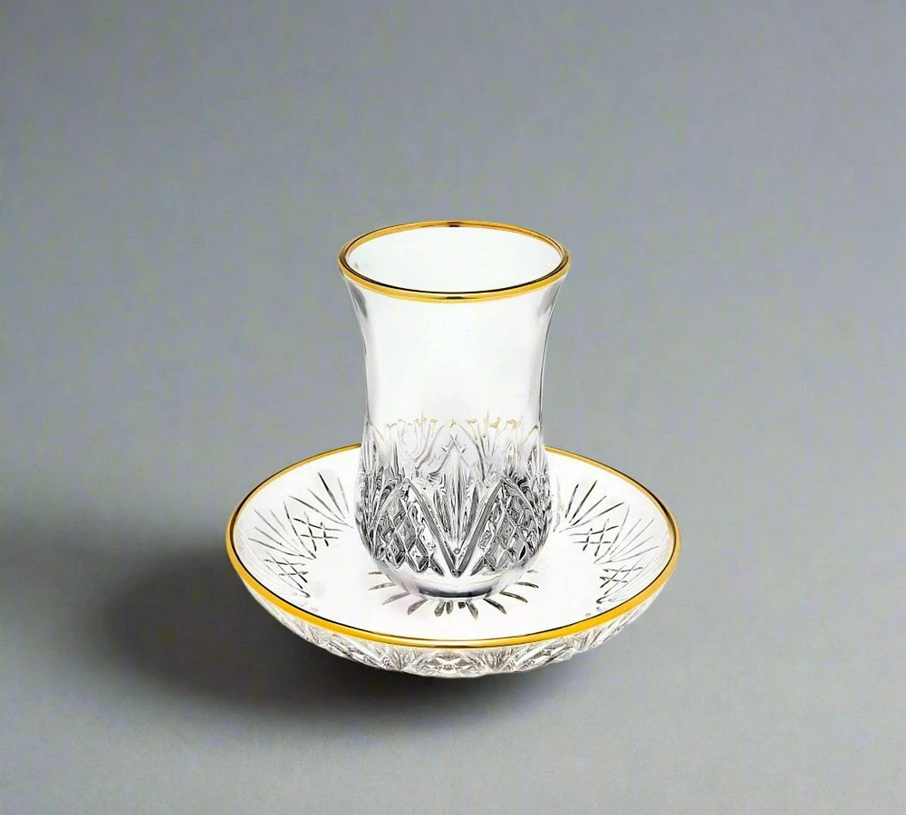 Glass Kiddush Cup and Plate with Gold Rim