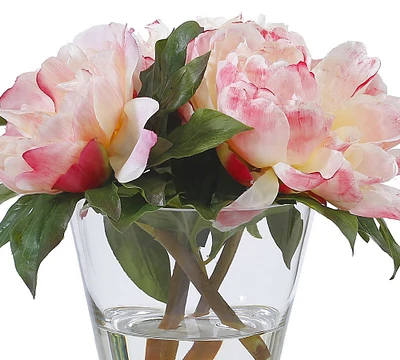 Faux Peonies in Round Glass Vase