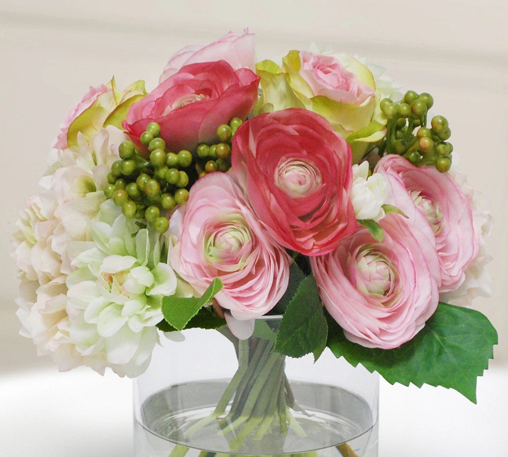 Faux Rose and Hydrangea in Cylinder Vase