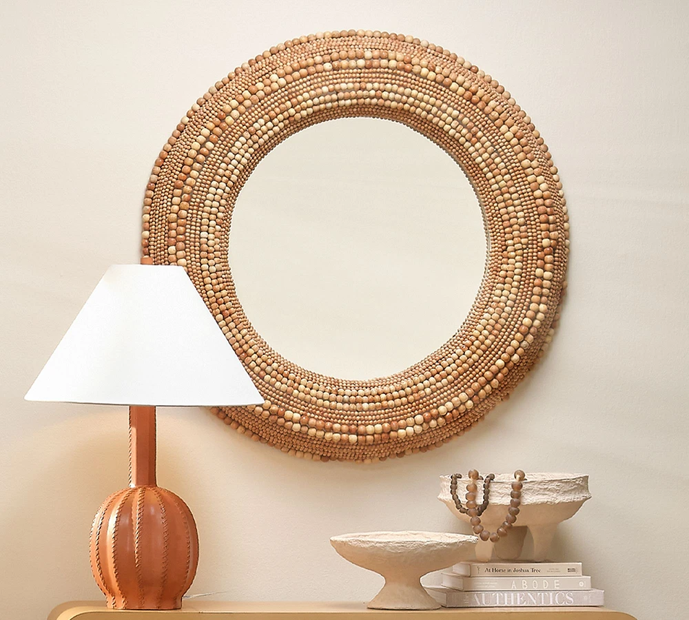 Jaya Hand Carved Wood Beaded Mirror - Natural